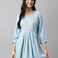 Light Blue Rayon Yoke Embroidered A-line Top - Tarini - Swadesiicart