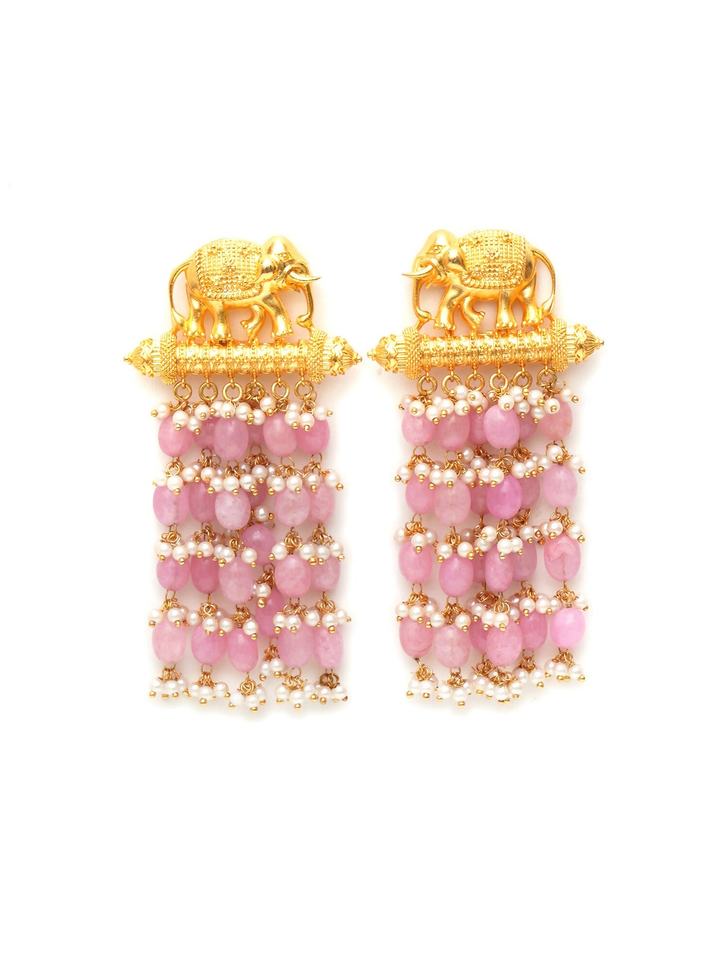 Long Layered Earrings with Elephant Motifs (Pink) - Ruby Raang - Swadesiicart