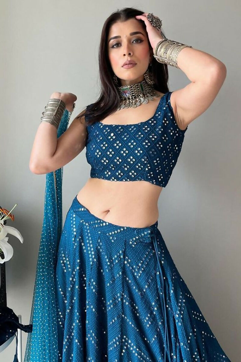 Jyoti Fashion Blue Thread Embroidery Georgette Designer Lehenga Choli with Dupatta | Swadesiicart
