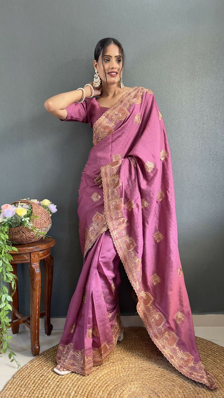 Vastranavya Mauve Vichitra Silk Zari with Swarovski Work Ready to Wear Saree | Swadesiicart