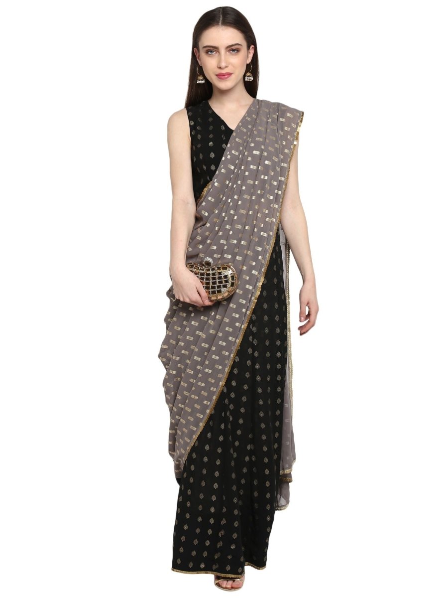 Ahalyaa Women's Black Georgette Foil Print Ready to Wear Saree | Swadesiicart