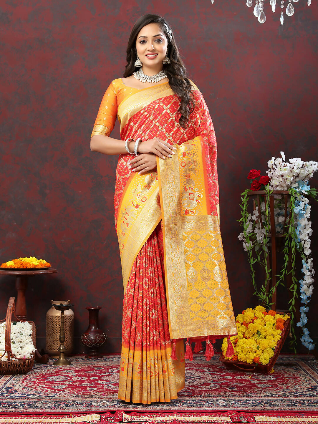 Lorenvalley Fashion Red & Yellow Patola Silk Woven Design Meenakari Weaving Saree - Swadesiicart