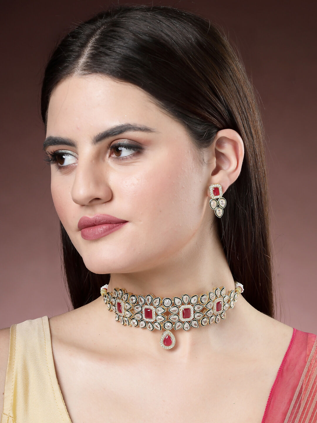 NVR Women's Red & Gold Kundan Studded Handcrafted Choker Jewellery Set - Swadesiicart