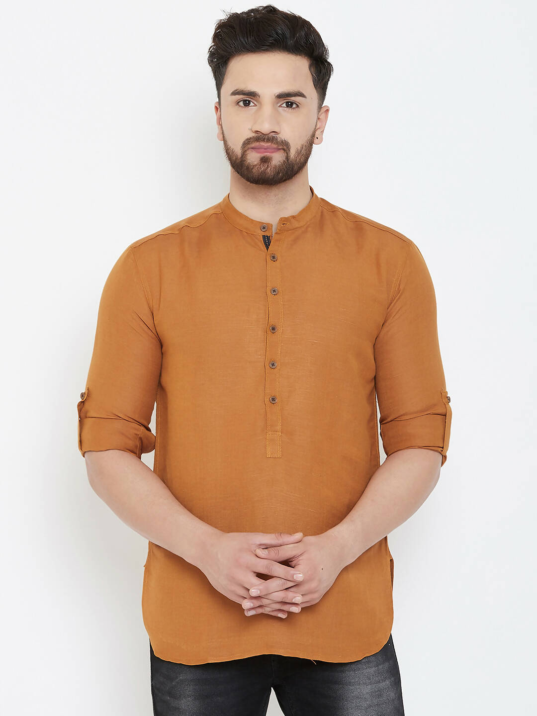 Even Apparels Brown Linen Men's Kurta With Band Collar | Swadesiicart