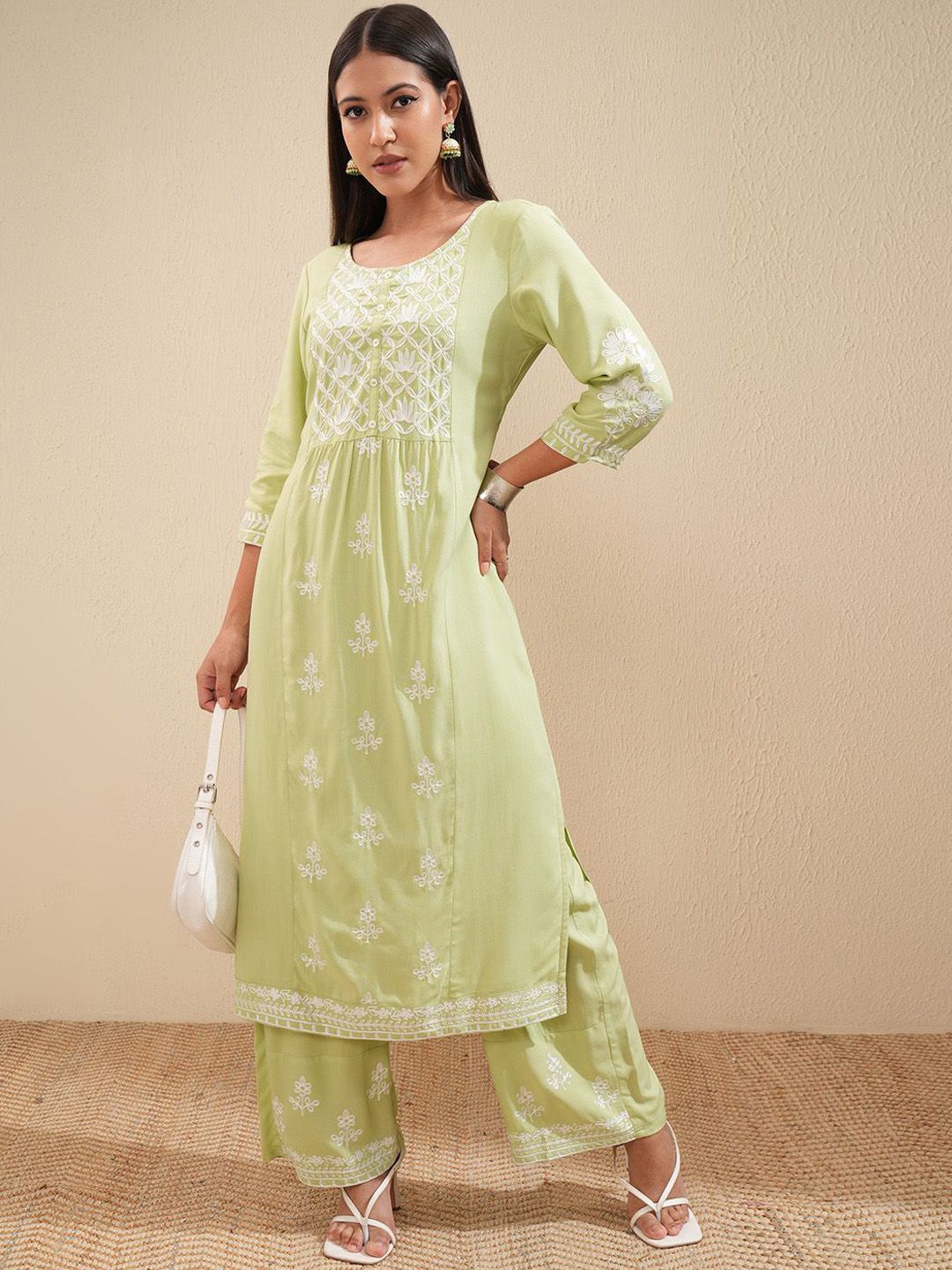 Vishudh Floral Embroidered A Line Kurta with Palazzos - Swadesiicart