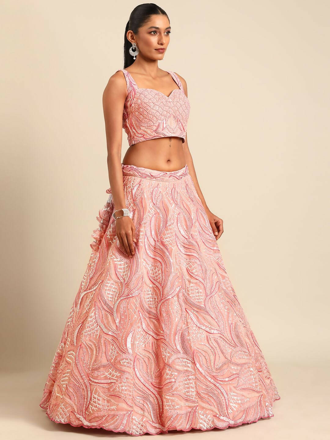 House of Panchhi Coral Pink Net Sequins and Zarkan embroidery Lehenga choli & Dupatta | Swadesiicart