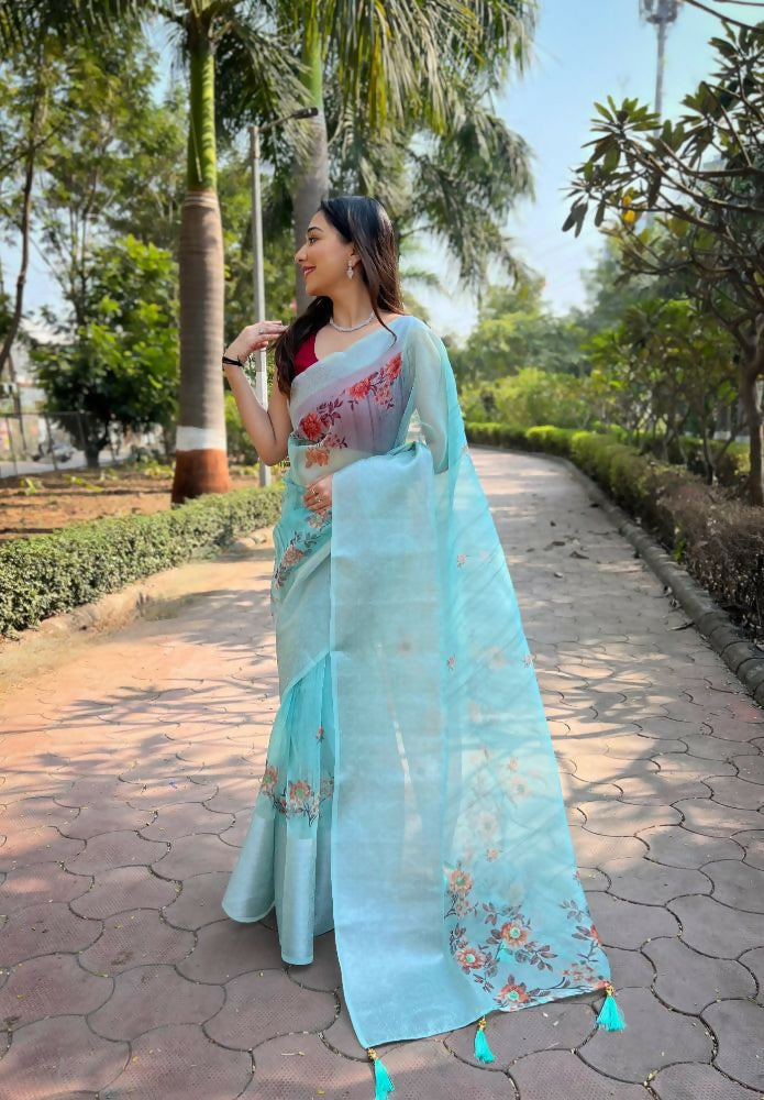 Vamsee Mehar Sea Green Organza Saree - Swadesiicart