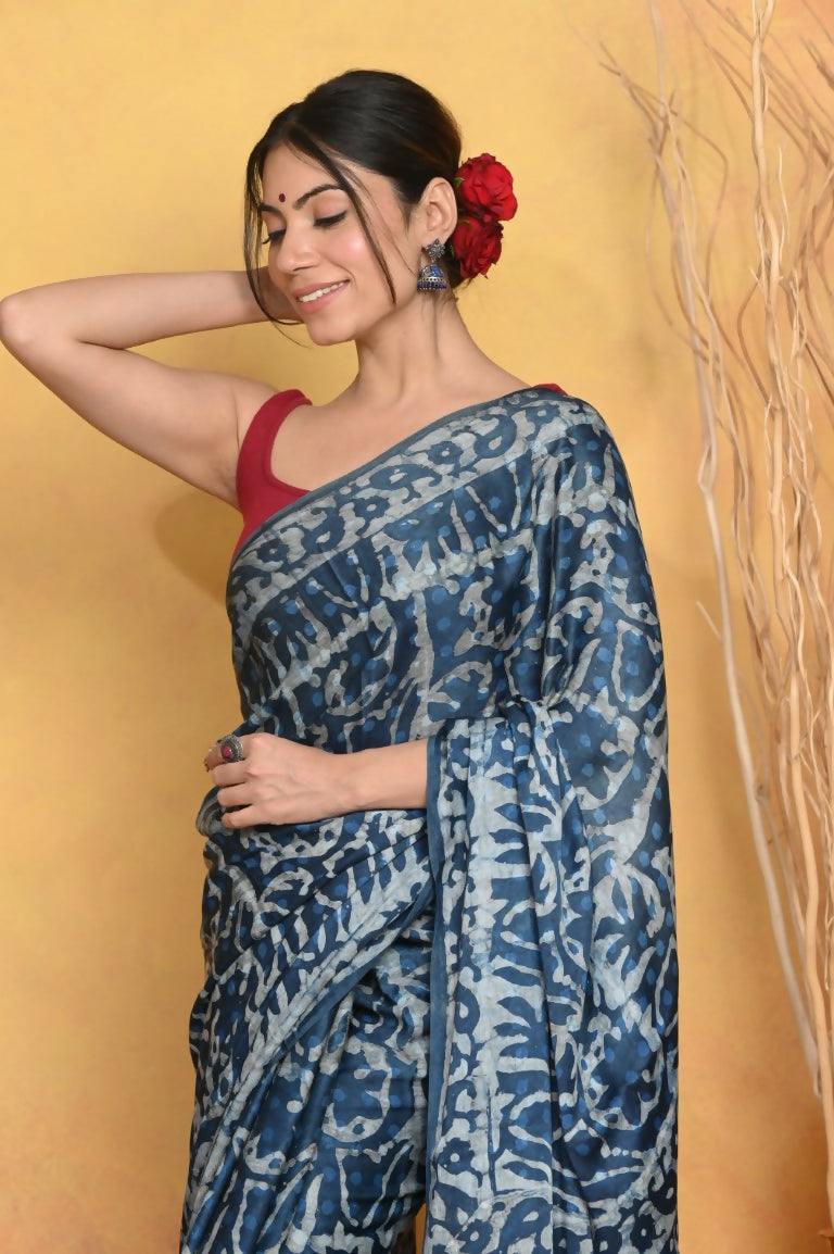 Very Much Indian Modal Silk Ajrakh Handblock Printed Natural Dyes Sleek Border Saree - Powder Blue | Swadesiicart