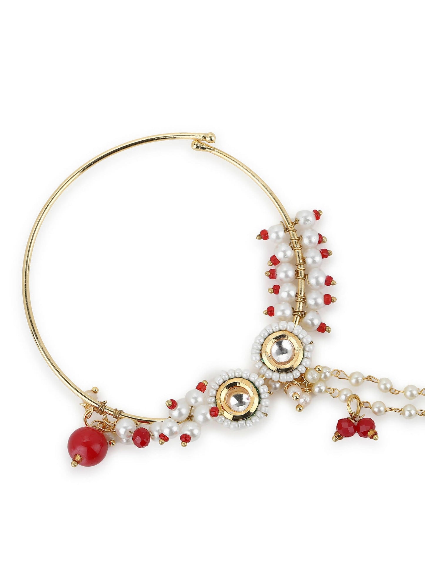 Gold-Polished White Red Kundan Studded Beaded Chained Nose Ring - Ruby Raang | Swadesiicart
