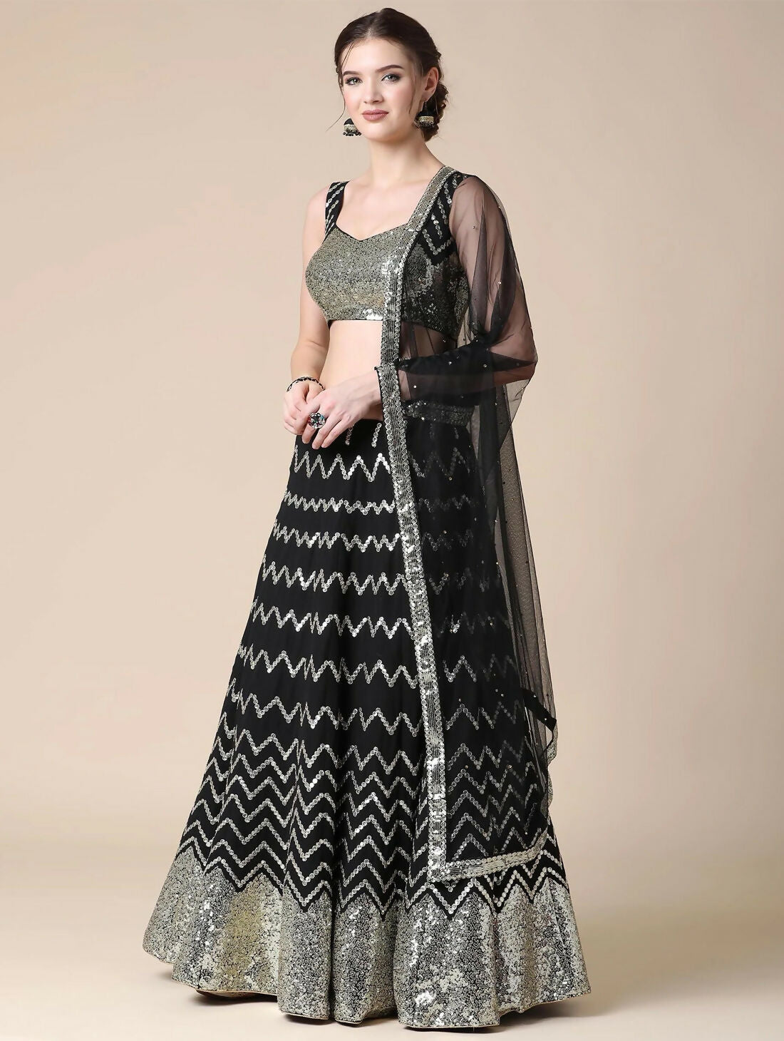 Jyoti Fashion Black Sequence with Thread Zari Embroidery Georgette Lehenga Choli with Dupatta | Swadesiicart