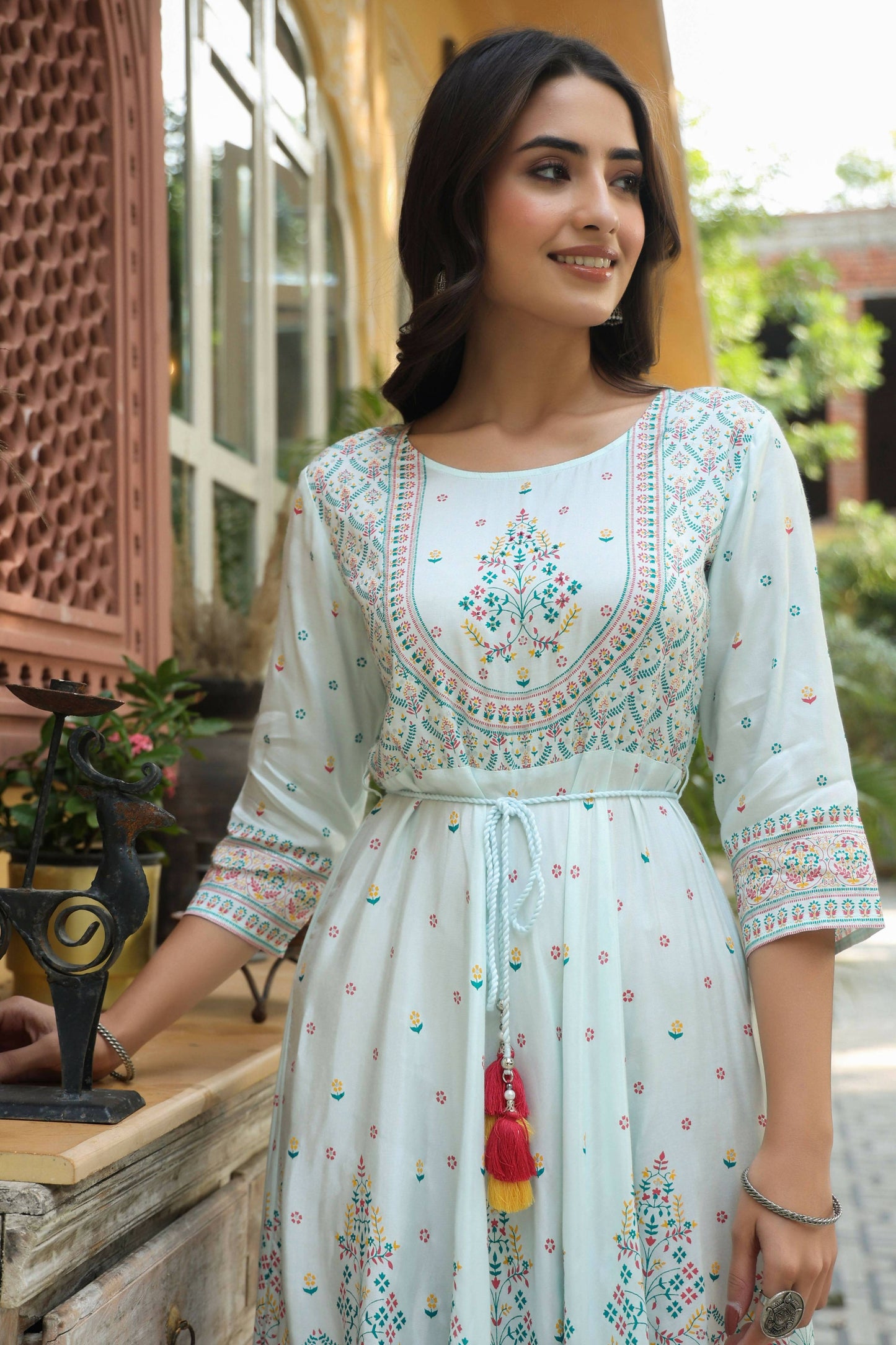Juniper Women's Skyblue Viscose Shantoon Festive Printed Flared Dress | Swadesiicart