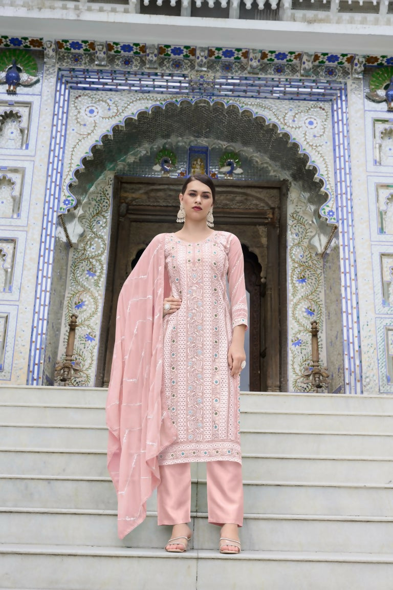 Jyoti Fashion Women's Pink Faux Georgette Heavy Embroidery and Moti Work Kurta Set | Swadesiicart