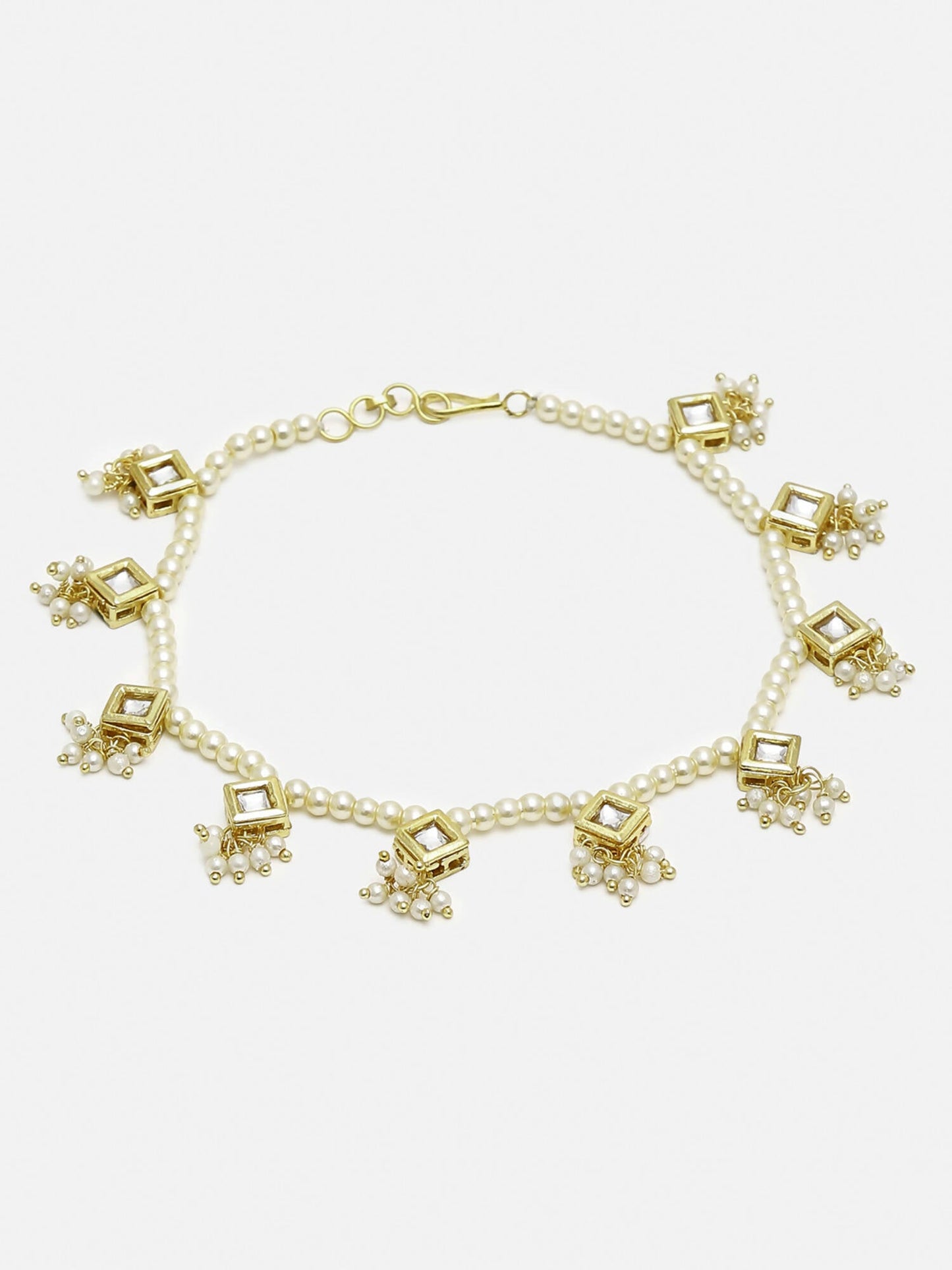 White Gold-Toned Plated Kundan Anklets Set Of 2 - Ruby Raang | Swadesiicart