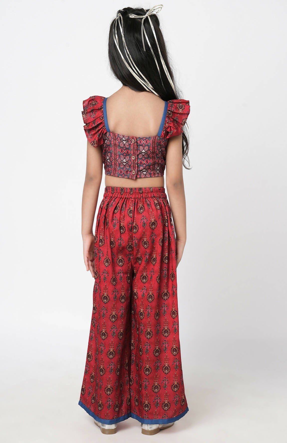 Lil Drama Ethnic Twist Girls Red Print Box Pleat Pant With Top Co-Ordinate Set - Swadesiicart