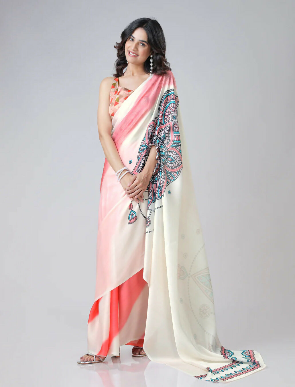 Vastranavya Coral Off White Freehand Mandalaa Print Ready to Wear Saree | Swadesiicart