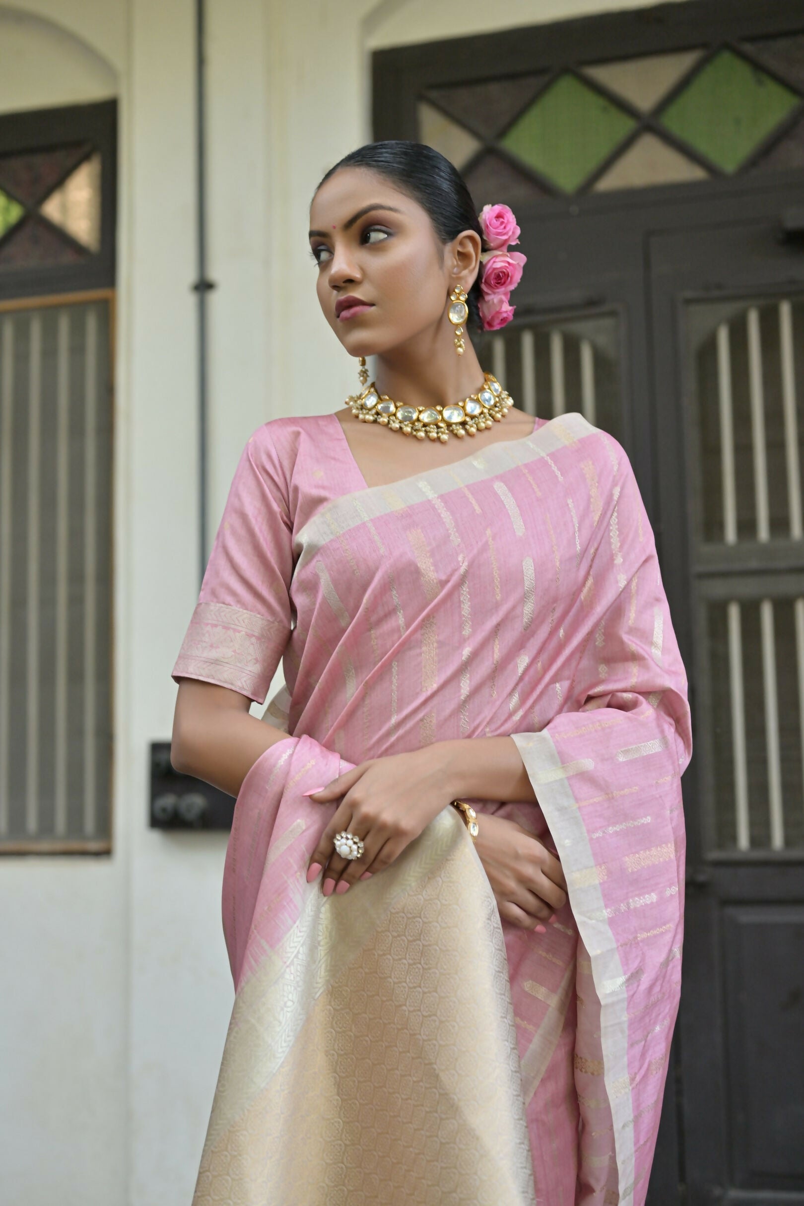 Vishnu Weaves Women's Pink Premium Tussar Silk Saree with Blouse - Swadesiicart