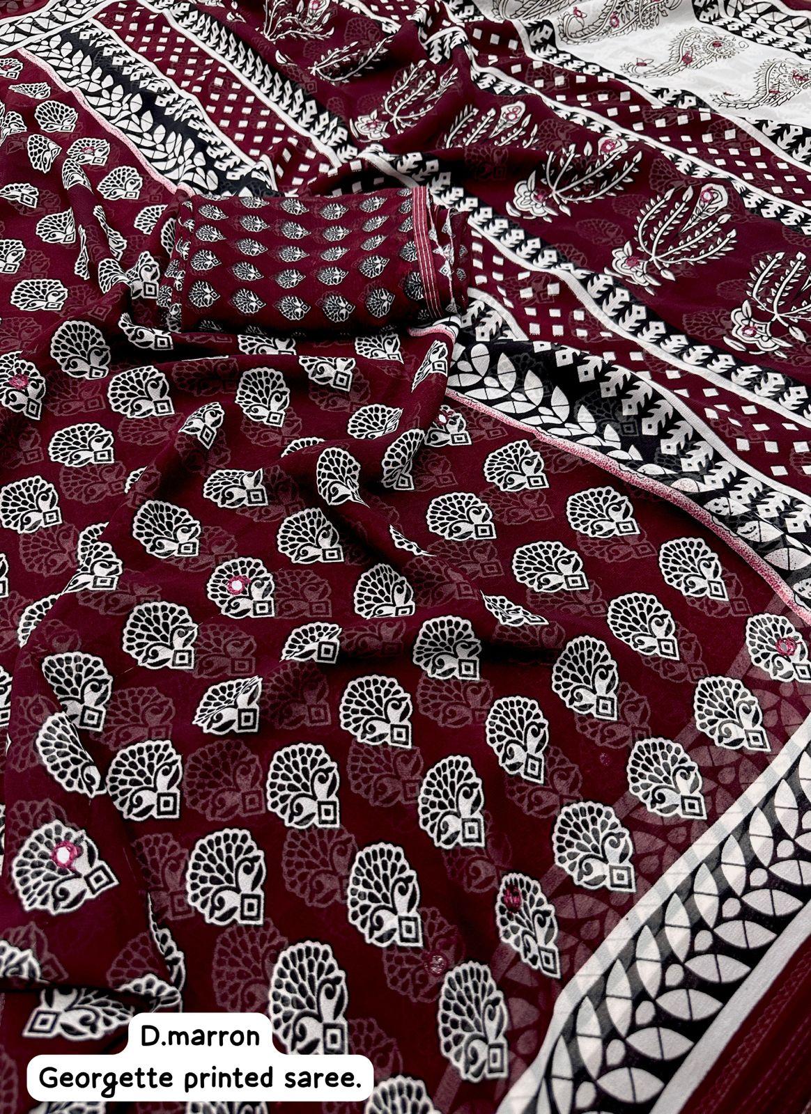 Maroon Poly Georgette Ajrak Saree with Unstitched Blouse - Hiral Fashion | Swadesiicart
