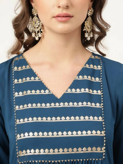 FIORRA Women's Turquise Blue Poly Crepe A-Line Kurta Set - Swadesiicart