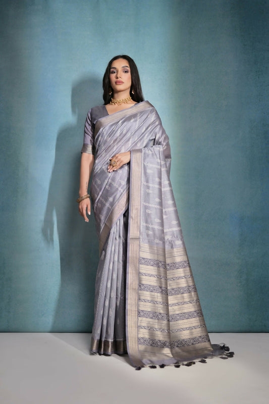 Vishnu Weaves Women's Grey Raw Silk Zari Woven Saree with Blouse - Swadesiicart