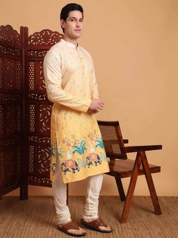Yellow Cotton Printed Chikankari Embroidery Work Kurta - Mahotsav | Swadesiicart