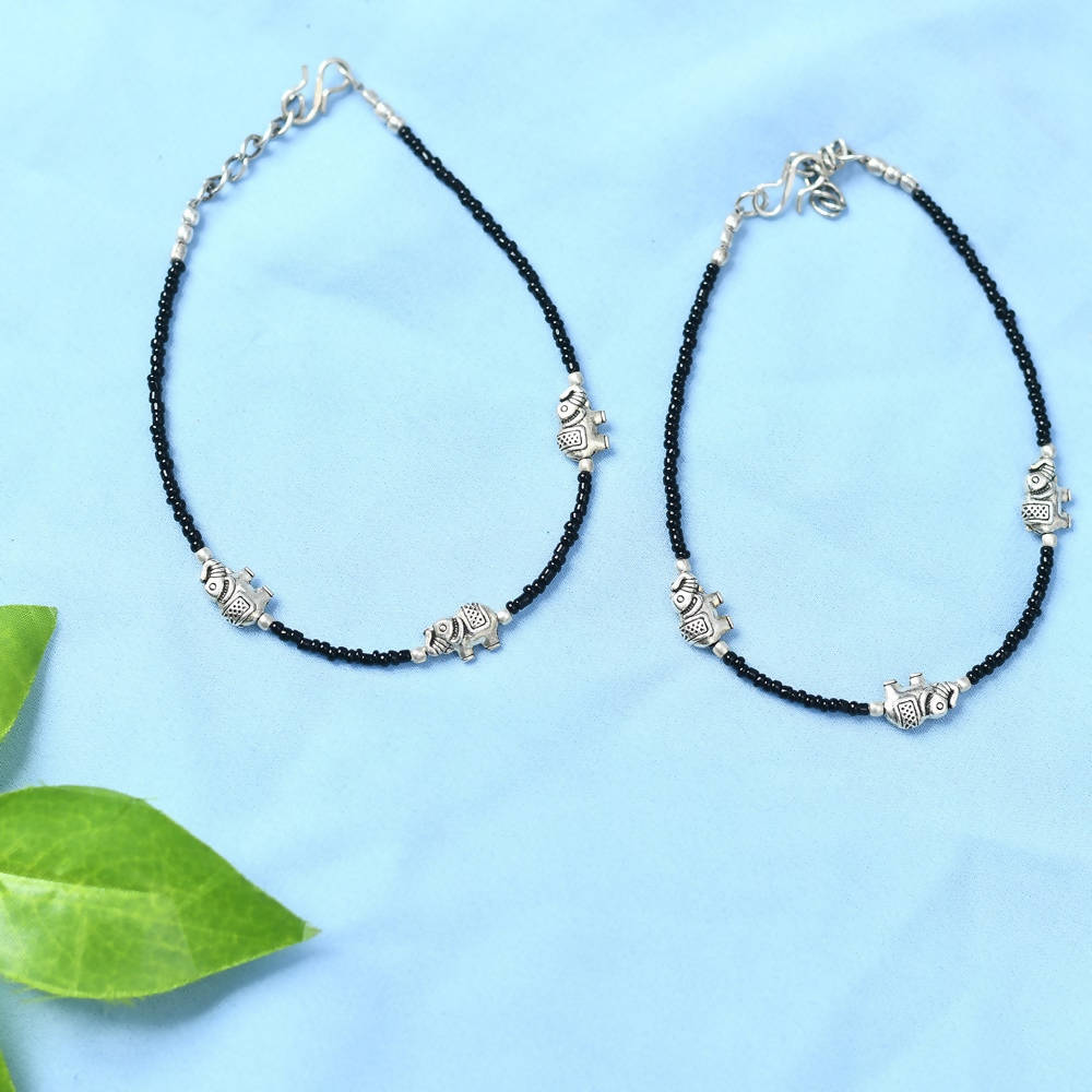 Mominos Fashion Kamal Johar Oxidised Elephant Design Silver/Black Anklets | Swadesiicart