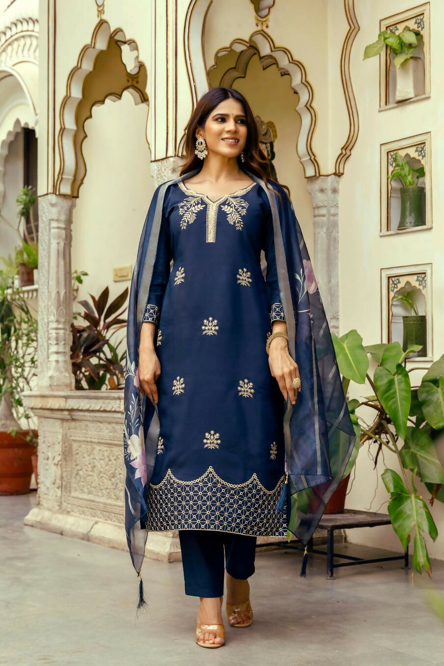 The52 Navy Blue Women's Beautiful Viscose Chanderi Fabric Thread Work Straight Kurta Pant and Dupatta Set - Swadesiicart
