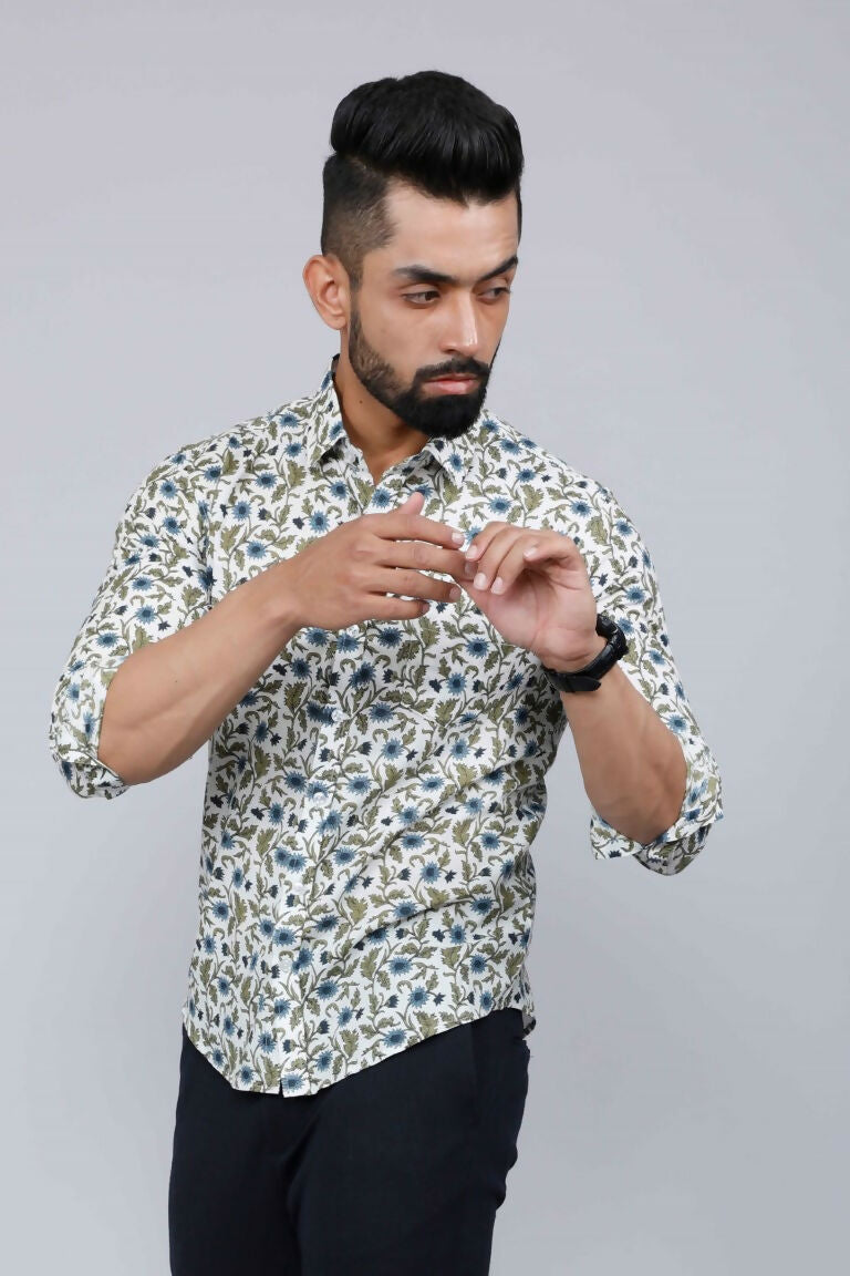 Miravan Men's White & Blue Floral Print Cotton Regular Fit Shirt | Swadesiicart