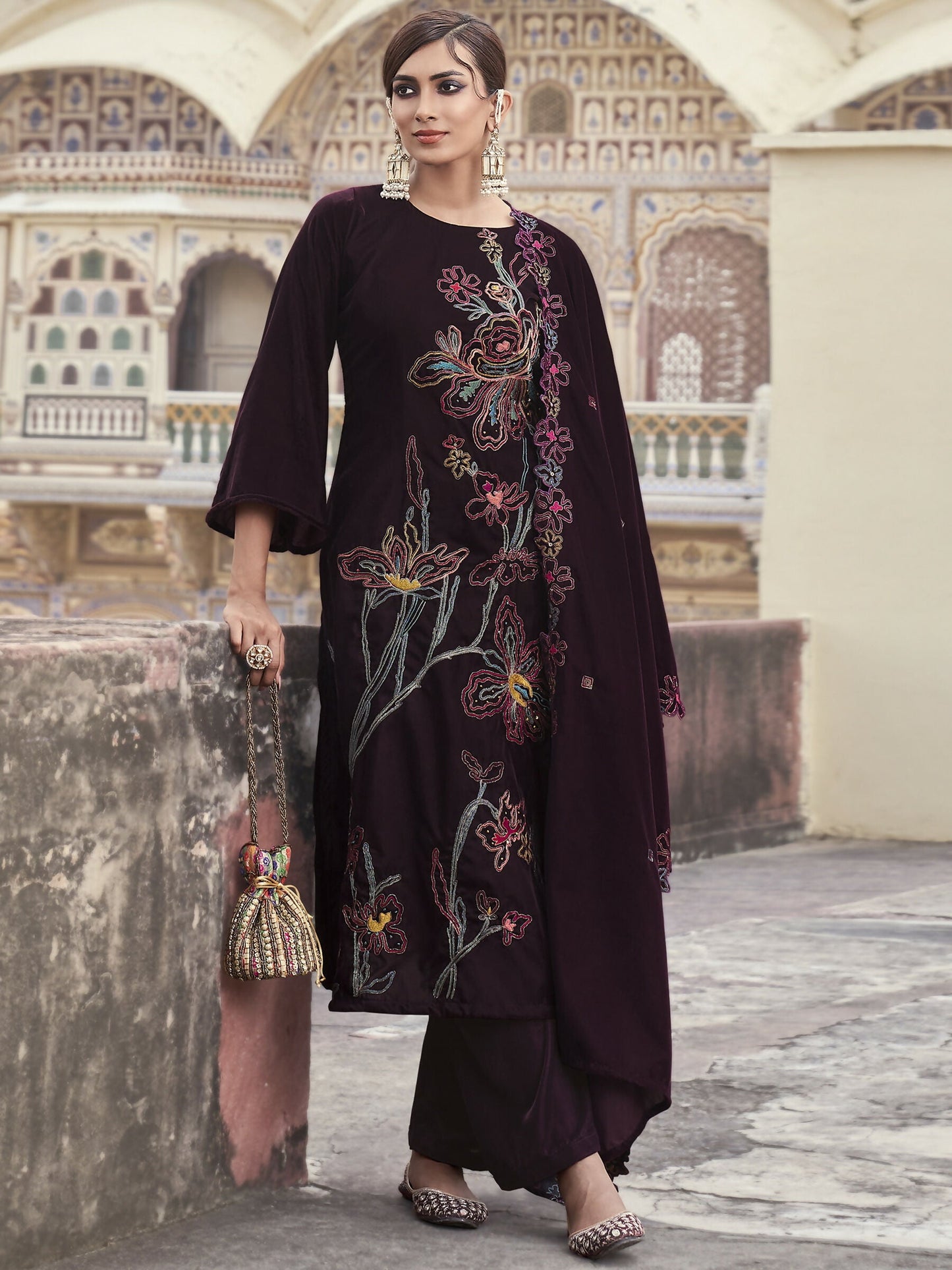 Jyoti Fashion Women's Wine Velvet Resham Thread with Jari & Sequin Kurta with Trouser & Dupatta | Swadesiicart