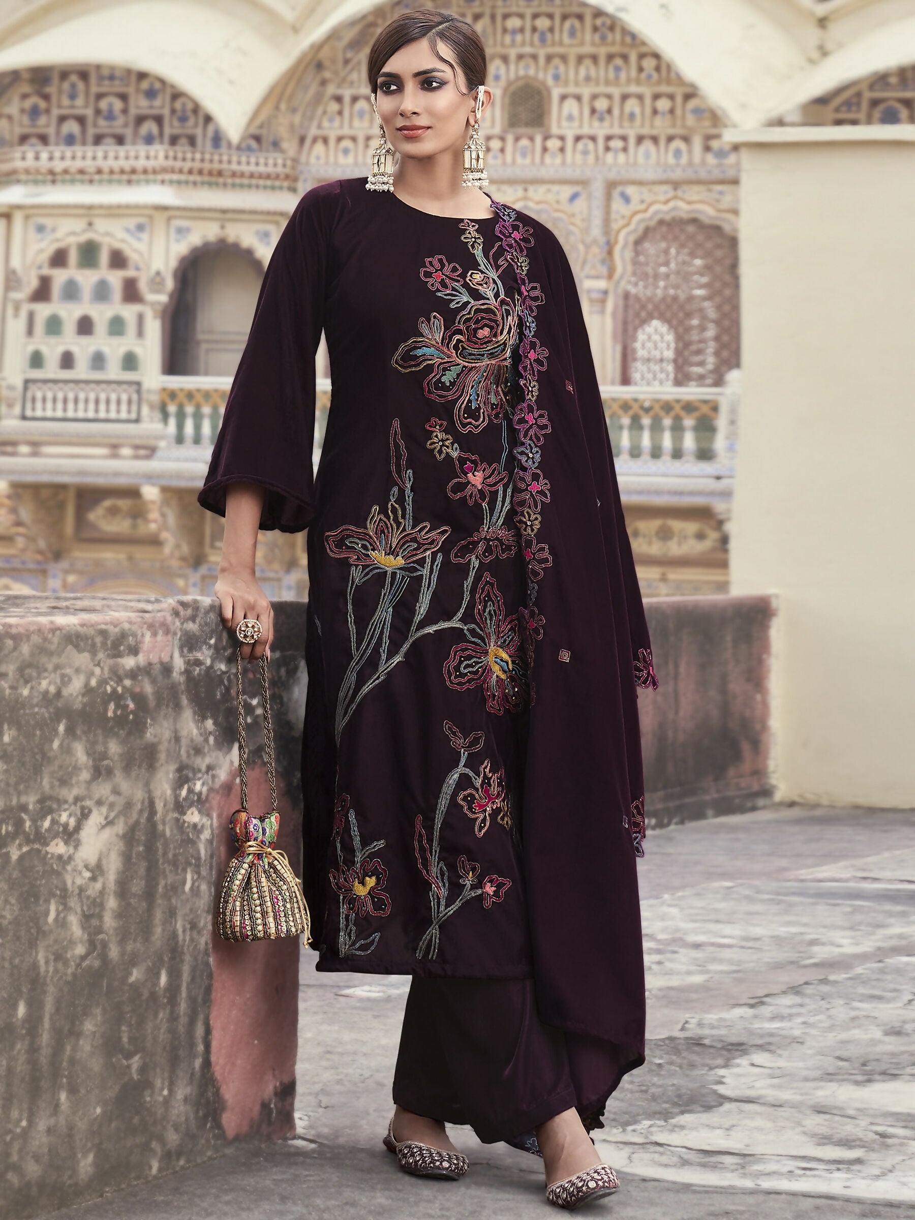 Jyoti Fashion Women's Wine Velvet Resham Thread with Jari & Sequin Kurta with Trouser & Dupatta | Swadesiicart