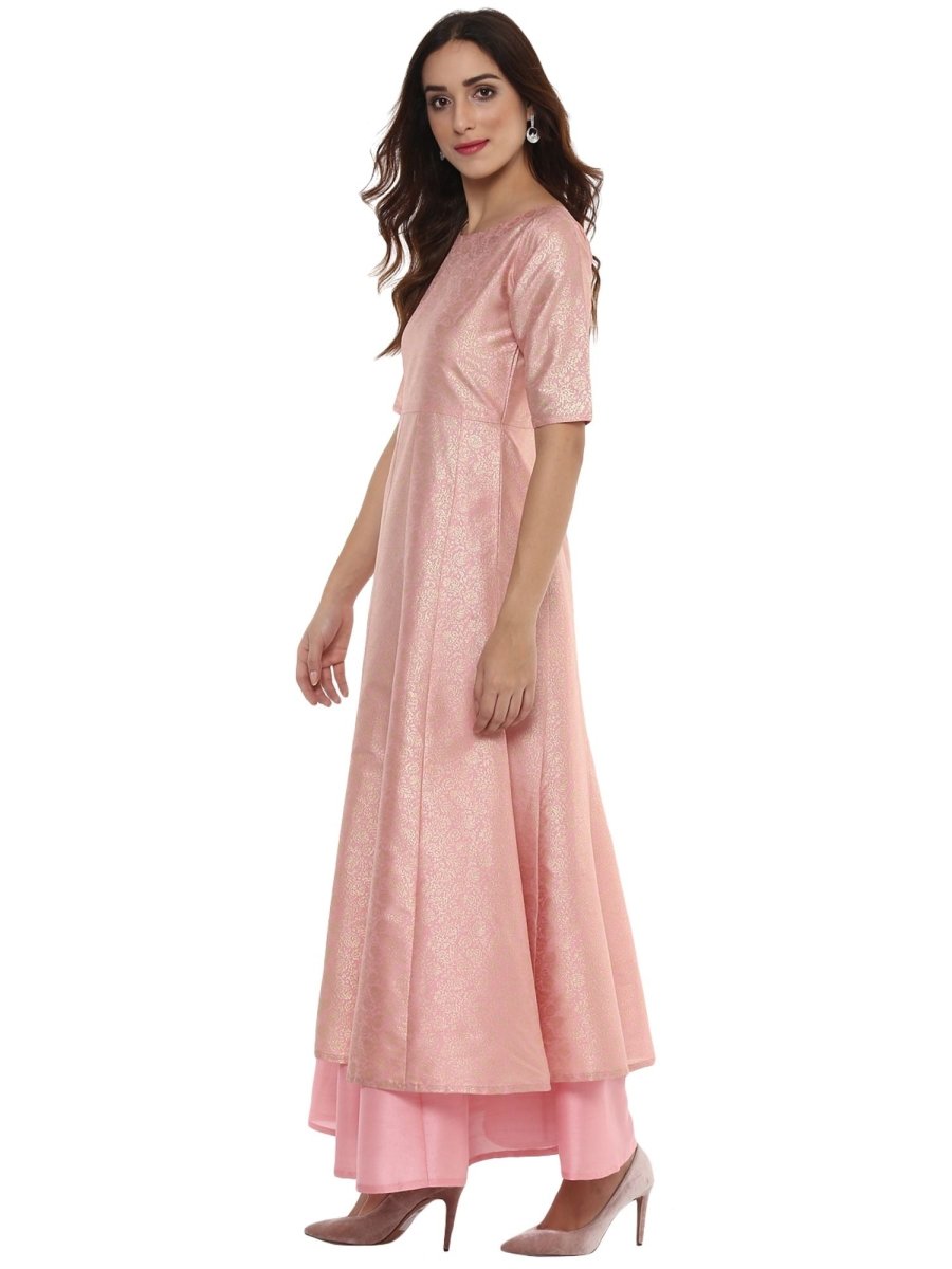Ahalyaa Women's Pink Poly Silk Gold Foil Print Kurta | Swadesiicart
