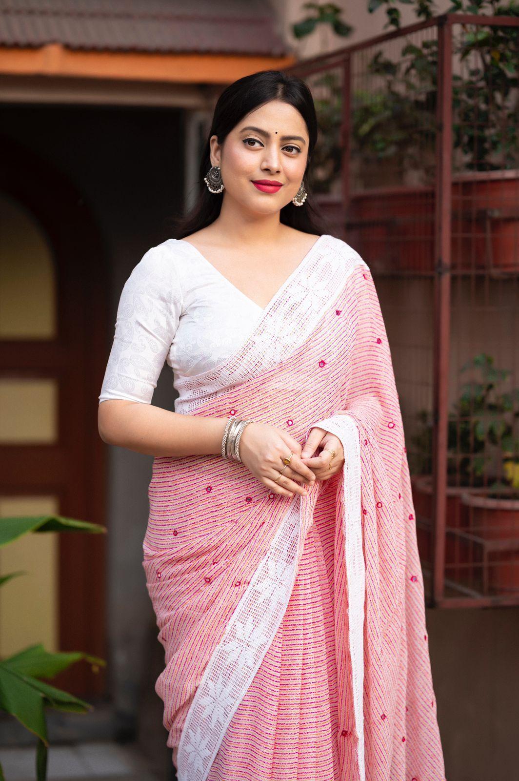Pink Poly Georgette Ethnic Motifs Saree with Unstitched Blouse - Hiral Fashion | Swadesiicart
