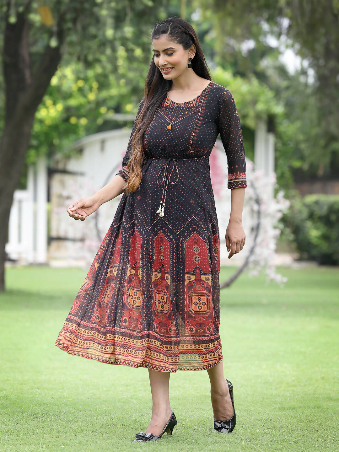 Juniper Black Georgette Festive Printed A-Line Dress For Women | Swadesiicart
