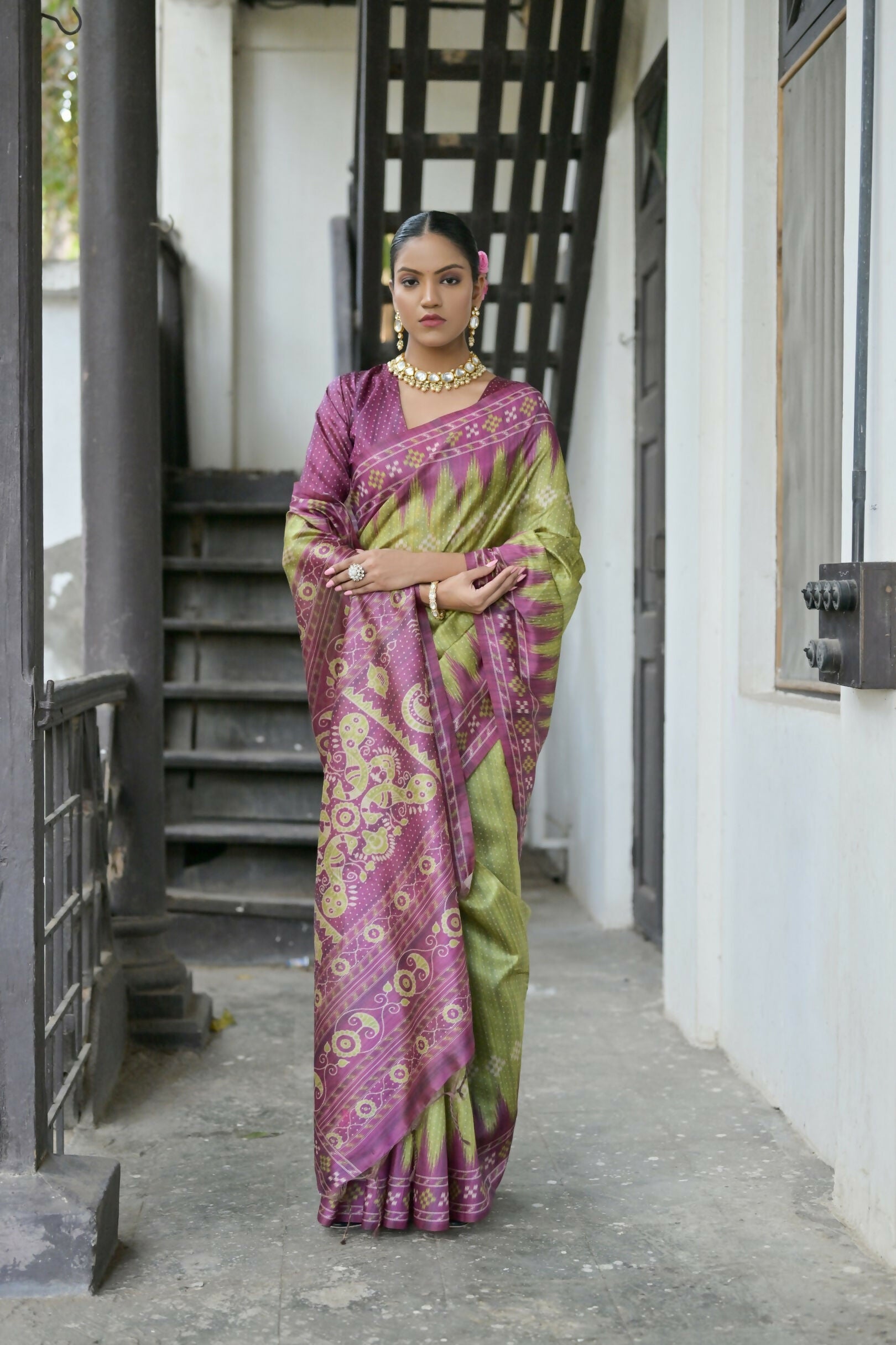 Vishnu Weaves Women's Mahendi Soft Tussar Silk Saree with Blouse - Swadesiicart