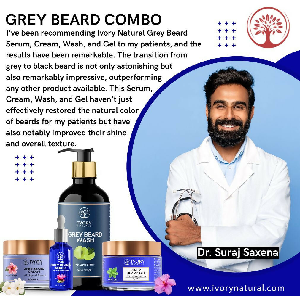 Ivory Natural Grey Beard Combo (Serum, Cream, Wash & Gel) Restore Your Silver Beard To Natural Color | Swadesiicart