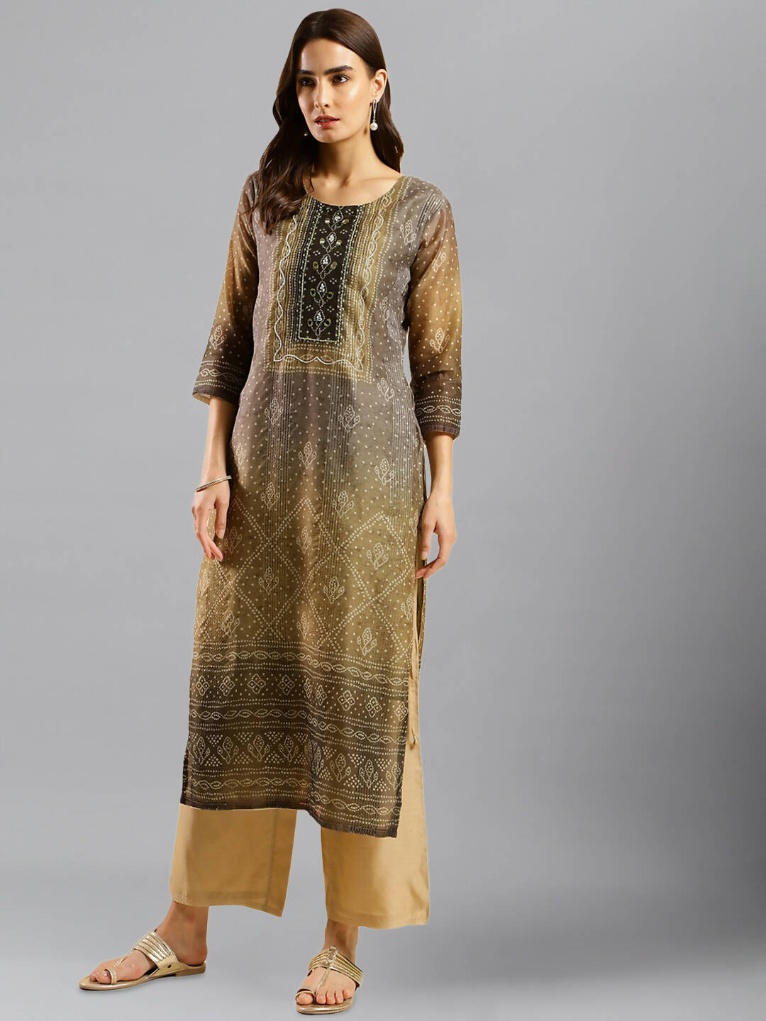 Brown Chinon Digital Printed With Hand Work Kurta - Himanshi - Swadesiicart