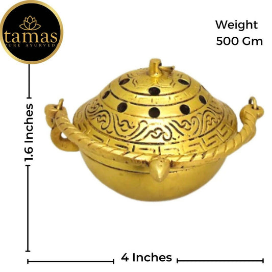 Tamas Brass Small Dhoop Burner with Handle and Lid (Golden) | Swadesiicart