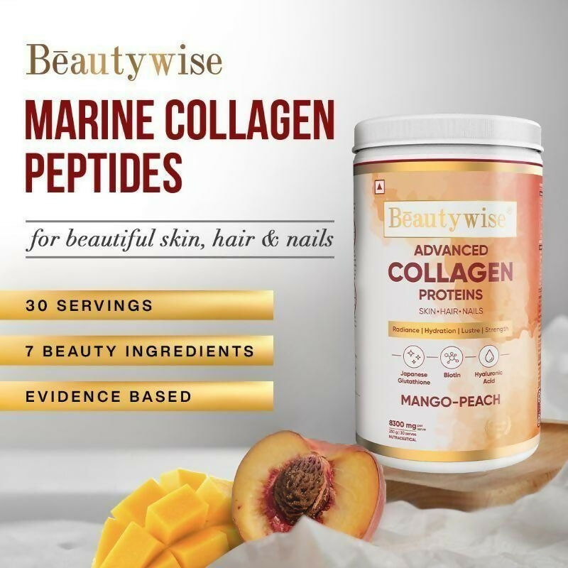 Beautywise Advanced Marine Collagen Anti-Aging Powder - Glutathione, HA & Biotin - Mango-Peach | Swadesiicart