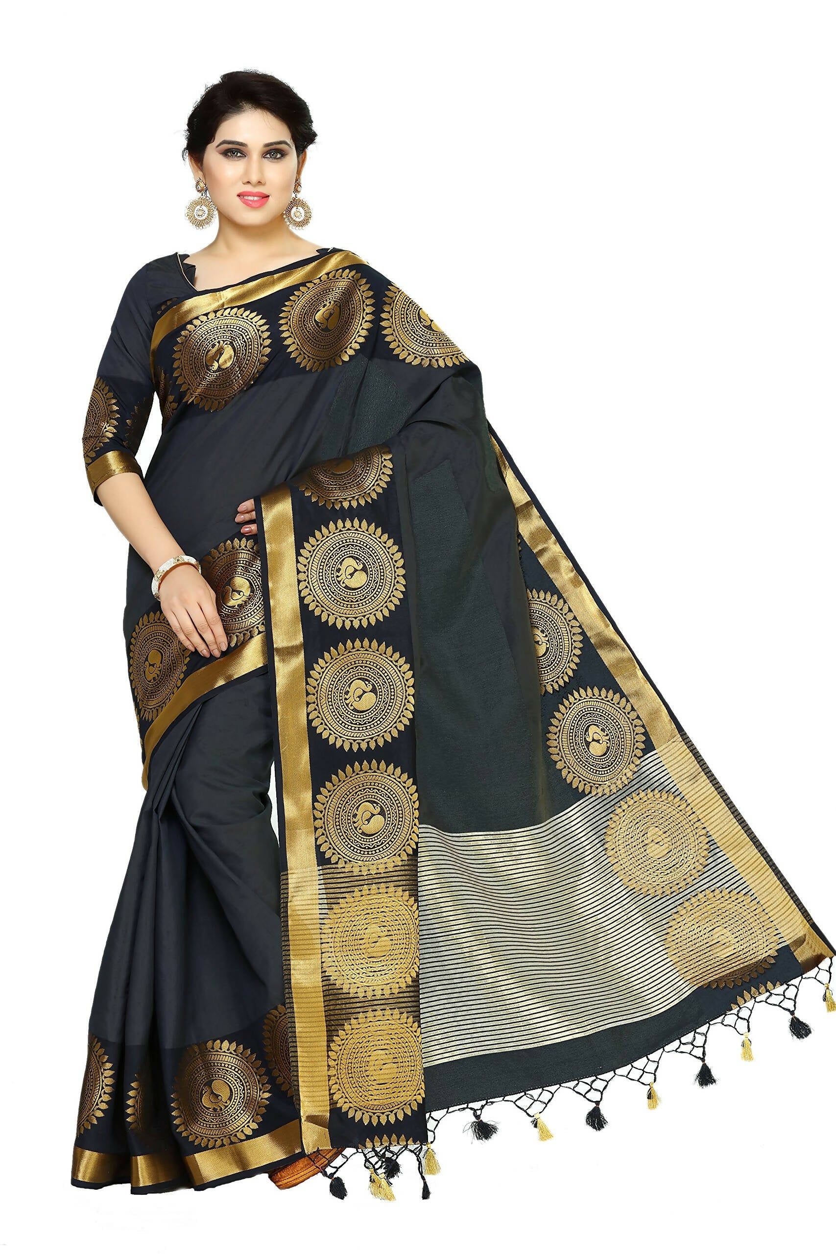Mimosa Women's Banarasi Tussar Silk Black Saree | Swadesiicart