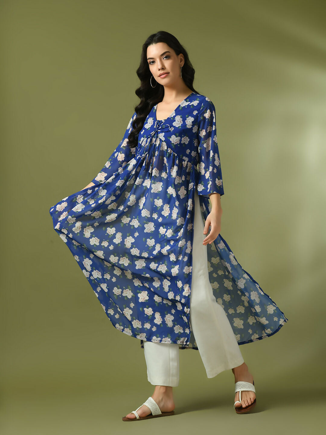 Myshka Women's Blue Printed Georgette A-Line Nyra-cut Kurta - Swadesiicart