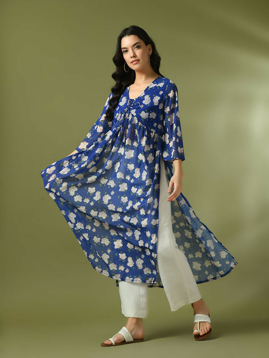 Myshka Women's Blue Printed Georgette A-Line Nyra-cut Kurta - Swadesiicart
