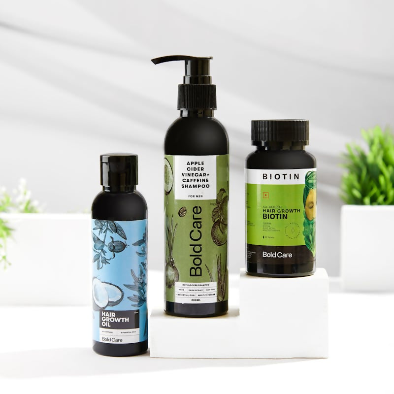 Bold Care DHT Blocker Shampoo + Hair Growth Oil + Biotin Supplements Combo | Swadesiicart