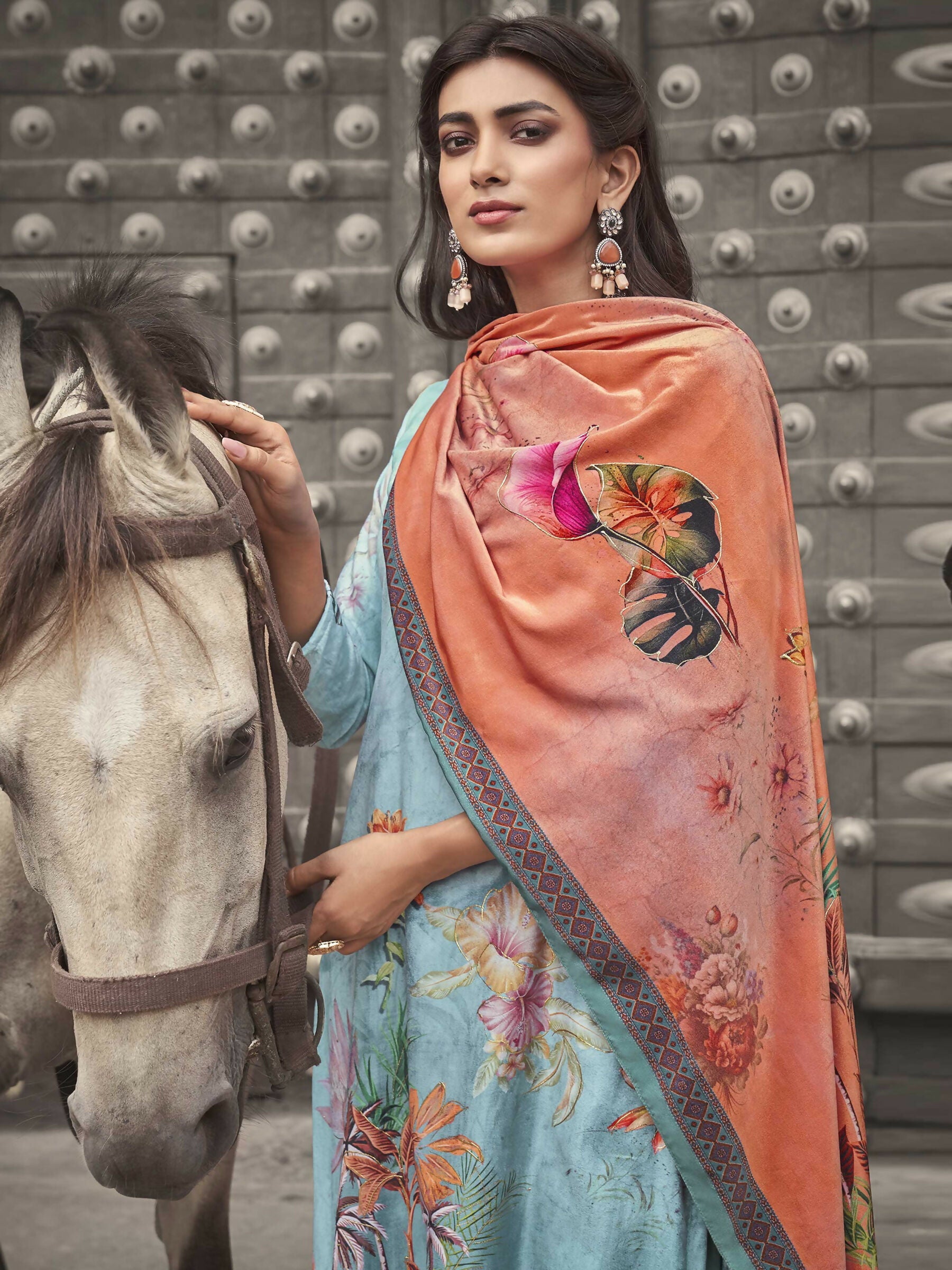 Jyoti Fashion Women's Sky Blue Velvet Floral Digital Printed Kurta with Trouser & Dupatta | Swadesiicart