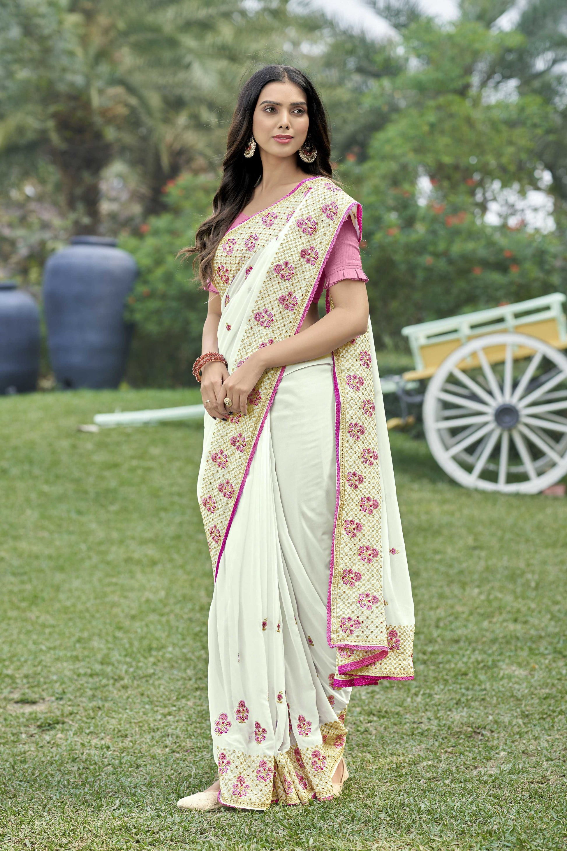 Vamsee Rashmika 2.0 White Georgette Silk Saree - Swadesiicart
