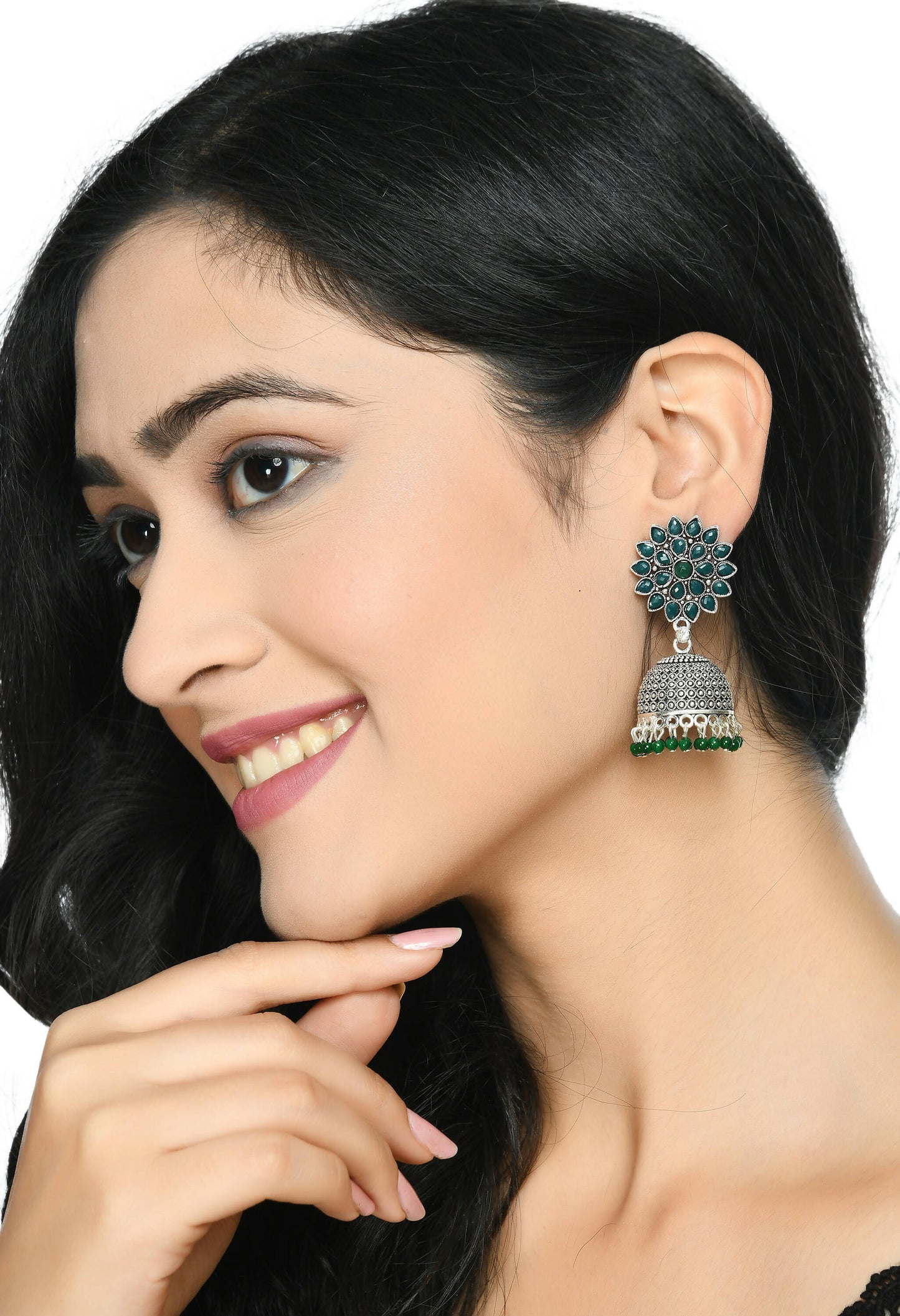 Mominos Fashion Joharkamal Kundan work Jhumka with Green Beads - Swadesiicart