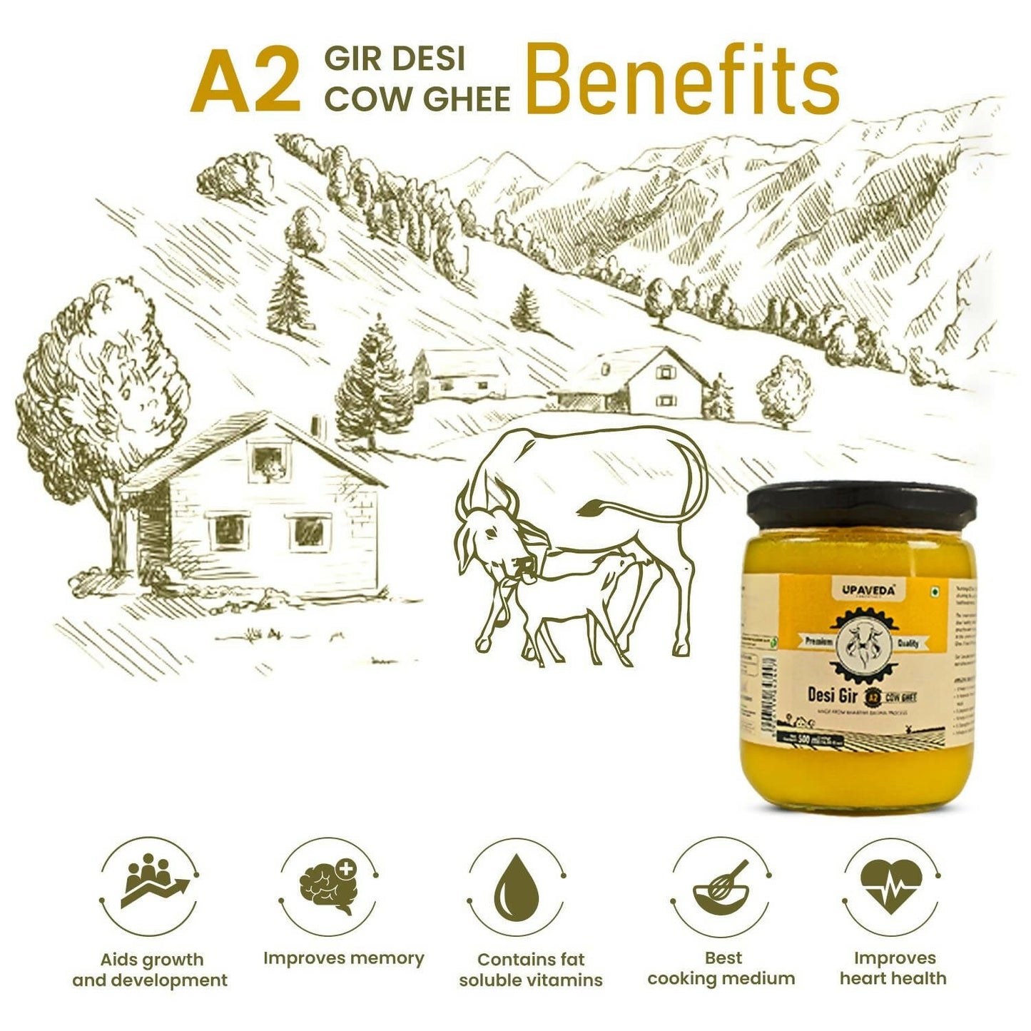 Upaveda A2 Pure Ghee| 100% Gir Cow Ghee | A2 Cow Desi Pure Ghee | Organic Grass Fed Cows | Traditional Bilona Method Ghee | Swadesiicart