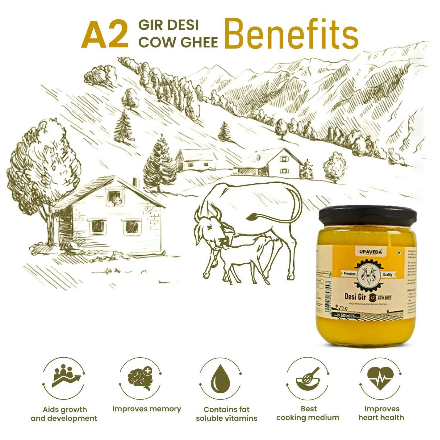 Upaveda A2 Pure Ghee| 100% Gir Cow Ghee | A2 Cow Desi Pure Ghee | Organic Grass Fed Cows | Traditional Bilona Method Ghee | Swadesiicart