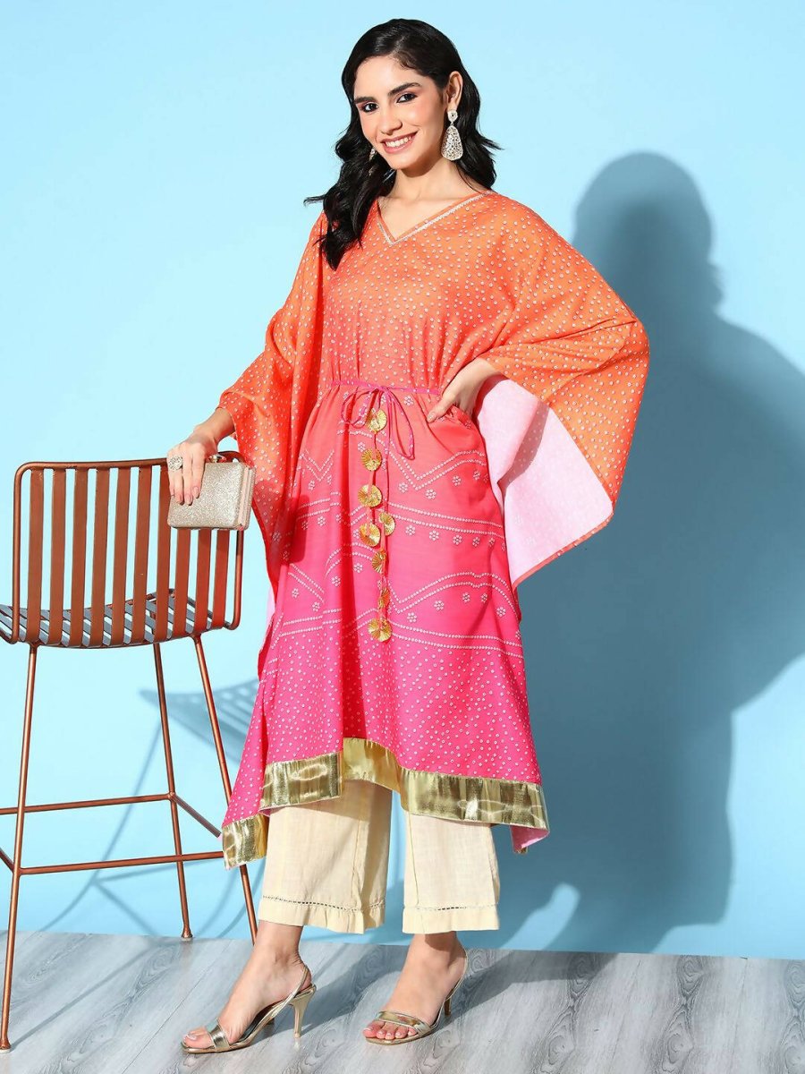 Ahalyaa Women's Orange Cotton Blend Printed Kaftan Kurta | Swadesiicart