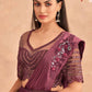 Wine Satin Embroidered Ready To Wear Saree With Unstitched Blouse Piece - Nandika | Swadesiicart