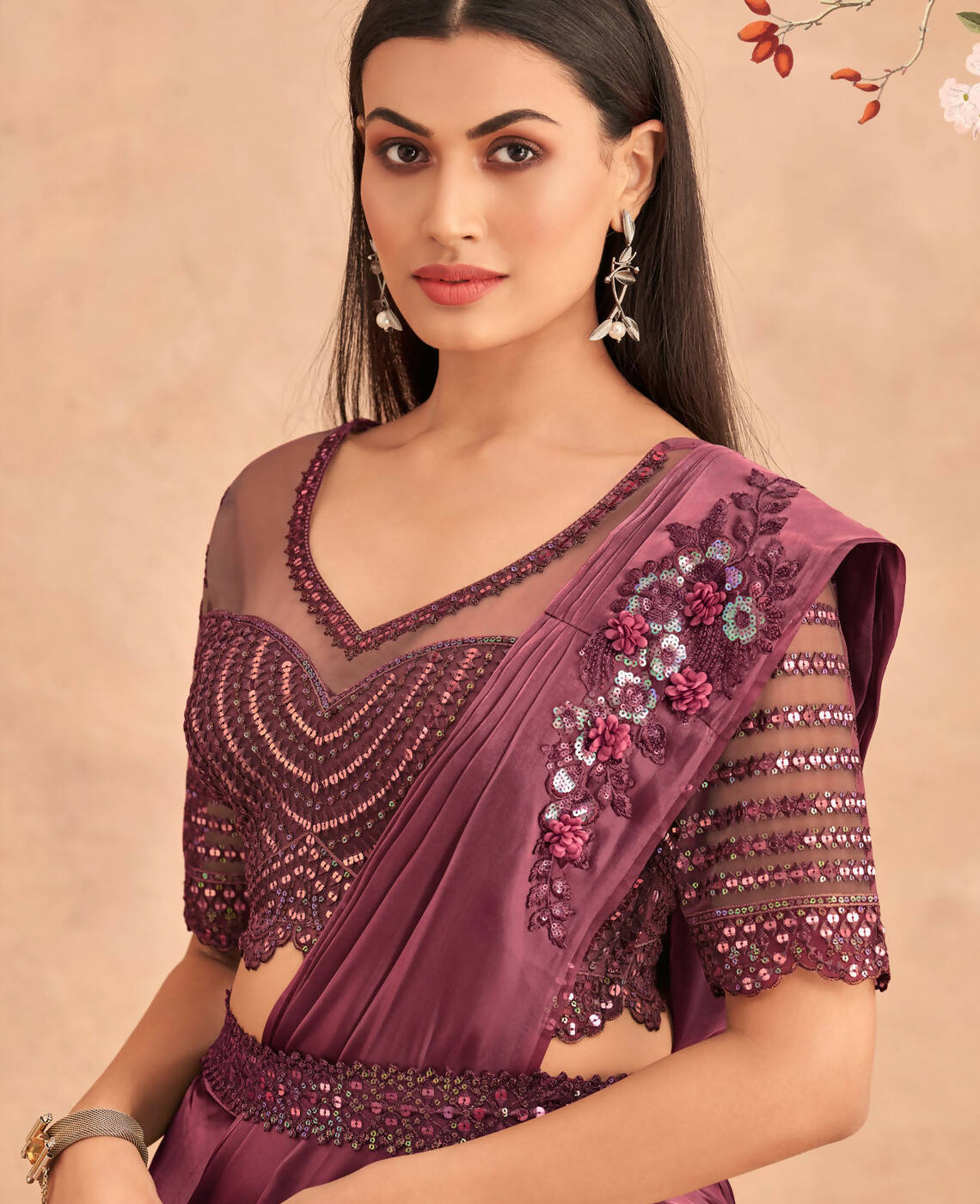 Wine Satin Embroidered Ready To Wear Saree With Unstitched Blouse Piece - Nandika | Swadesiicart