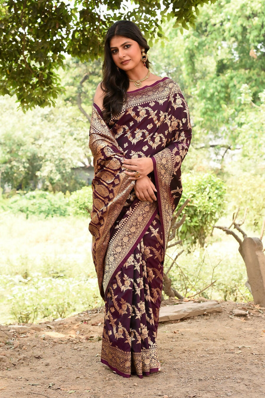 Joban Fashion Wine Banarasi Soft Pure Handloom Banarasi Silk Saree | Swadesiicart